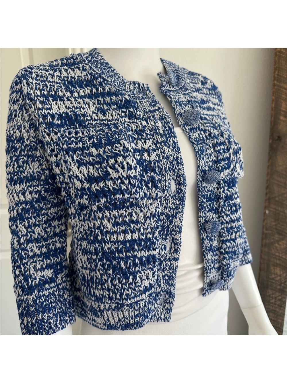 Zara Blue and White Marled Knit Cropped Jacket
